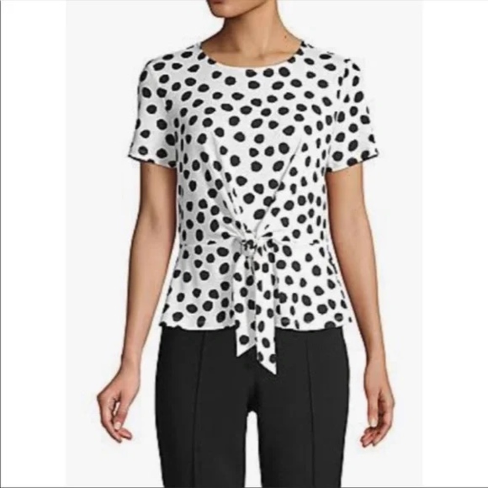 Talbots white and black front-tie crepe knit polka dot top
